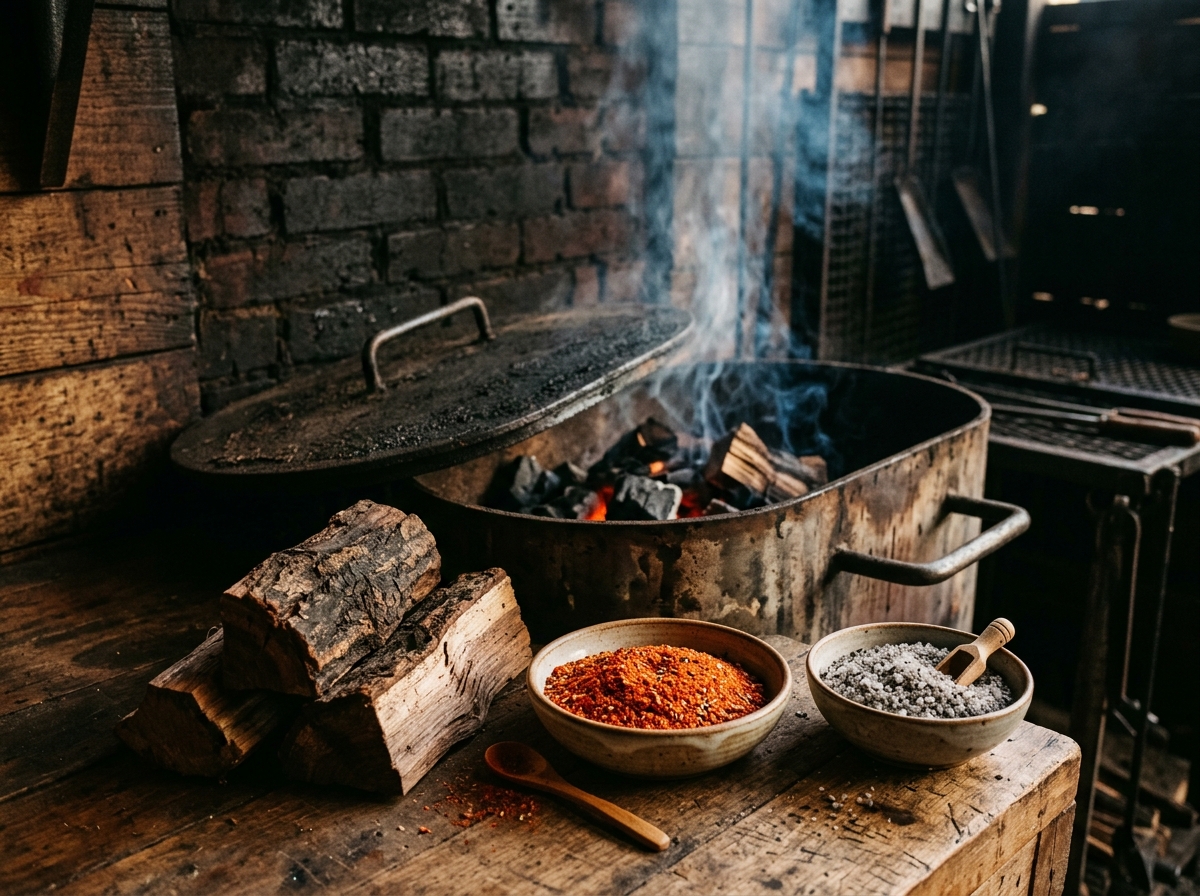 Artisanal barbecue smoking wood logs and raw spices